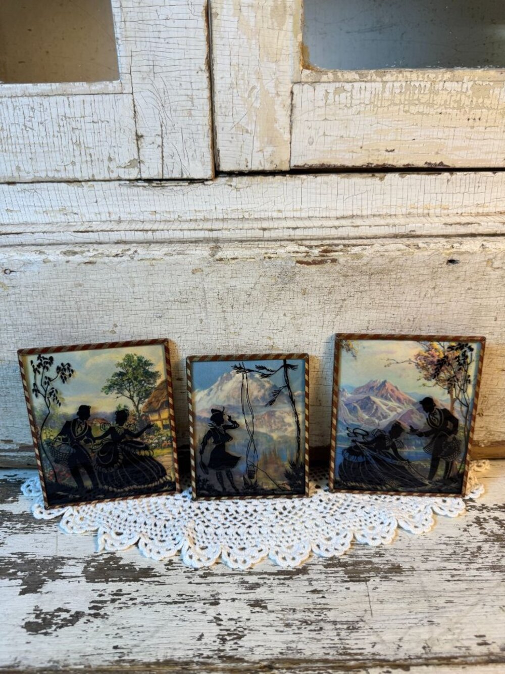 Vintage Reverse Painted Glass Silhouette Art Set of 3 Framed Wall Decor